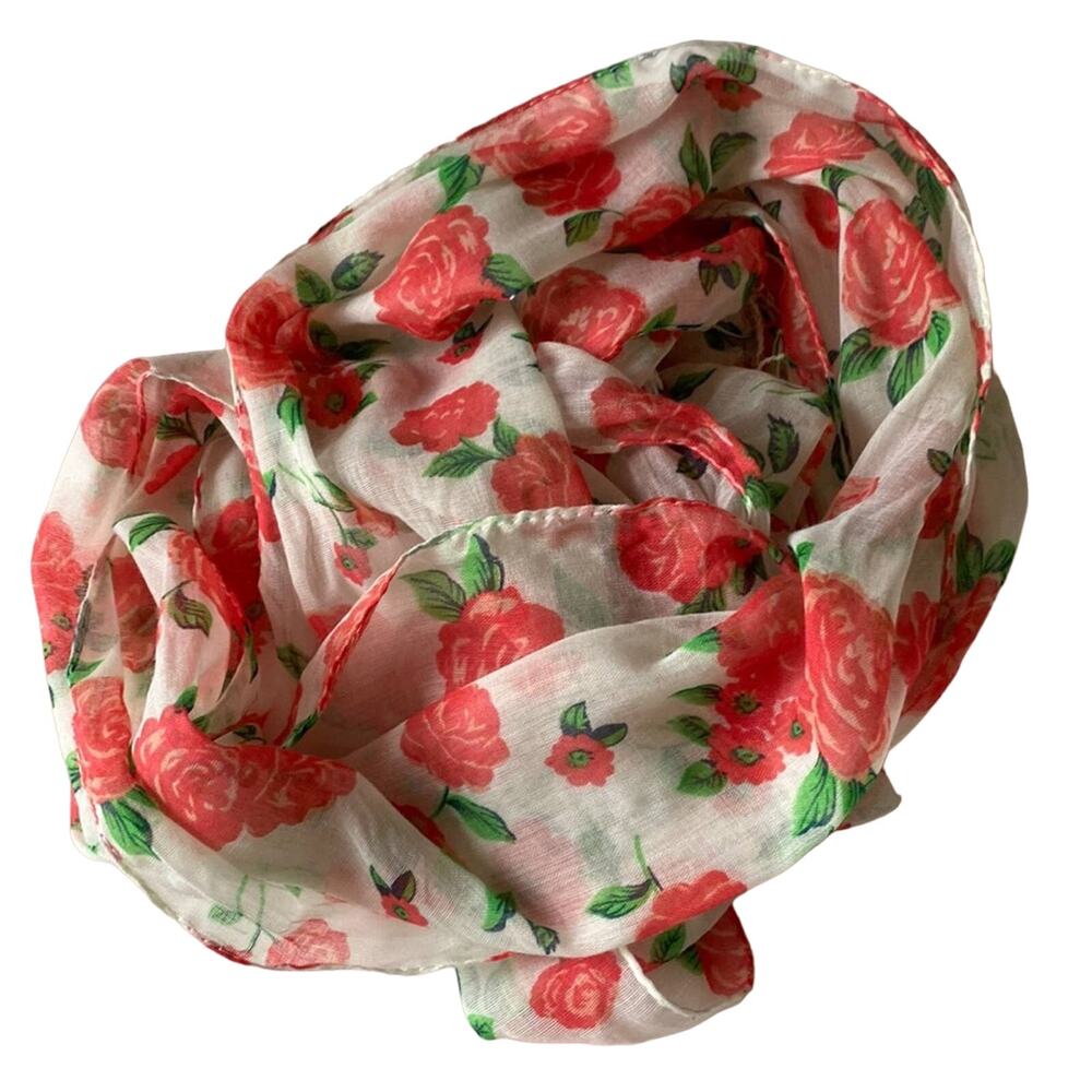 Women's Lightweight White Scarf with Pink Roses and Flowers and Fringe